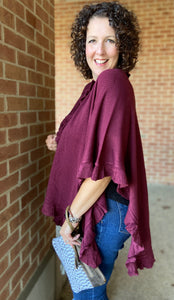 One Size Knit Cape with Ruffle - BURGUNDY