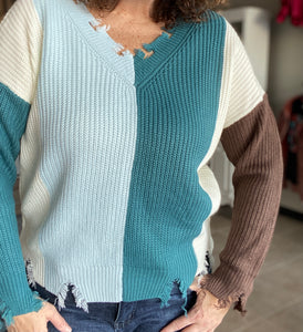 Distressed Color Block Sweater