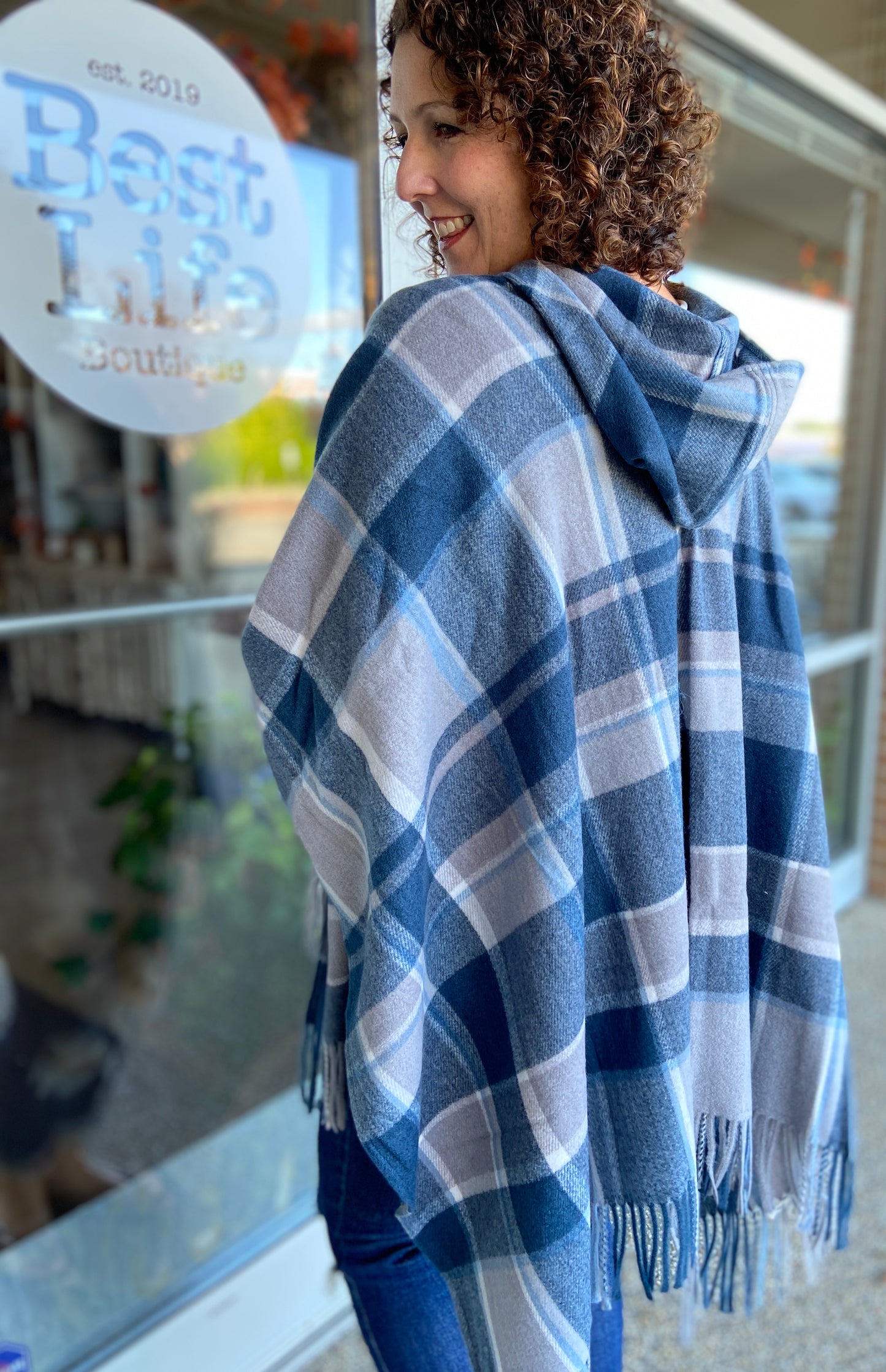 Fringed Plaid Hooded Cape - NAVY