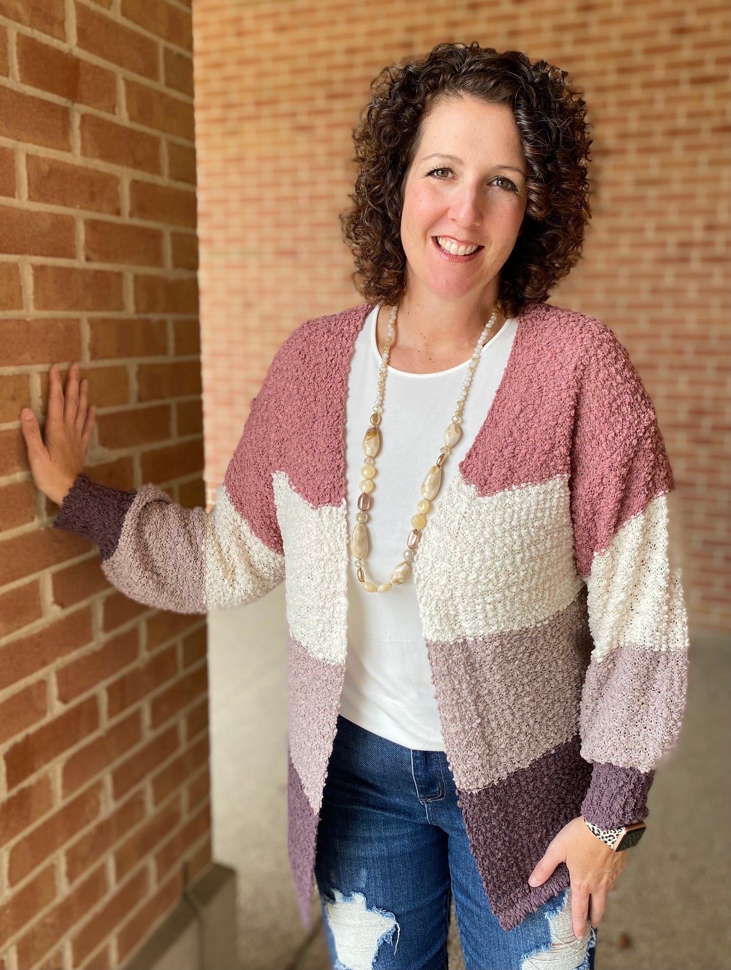 Wide Stripe Popcorn Cardigan - MAUVE