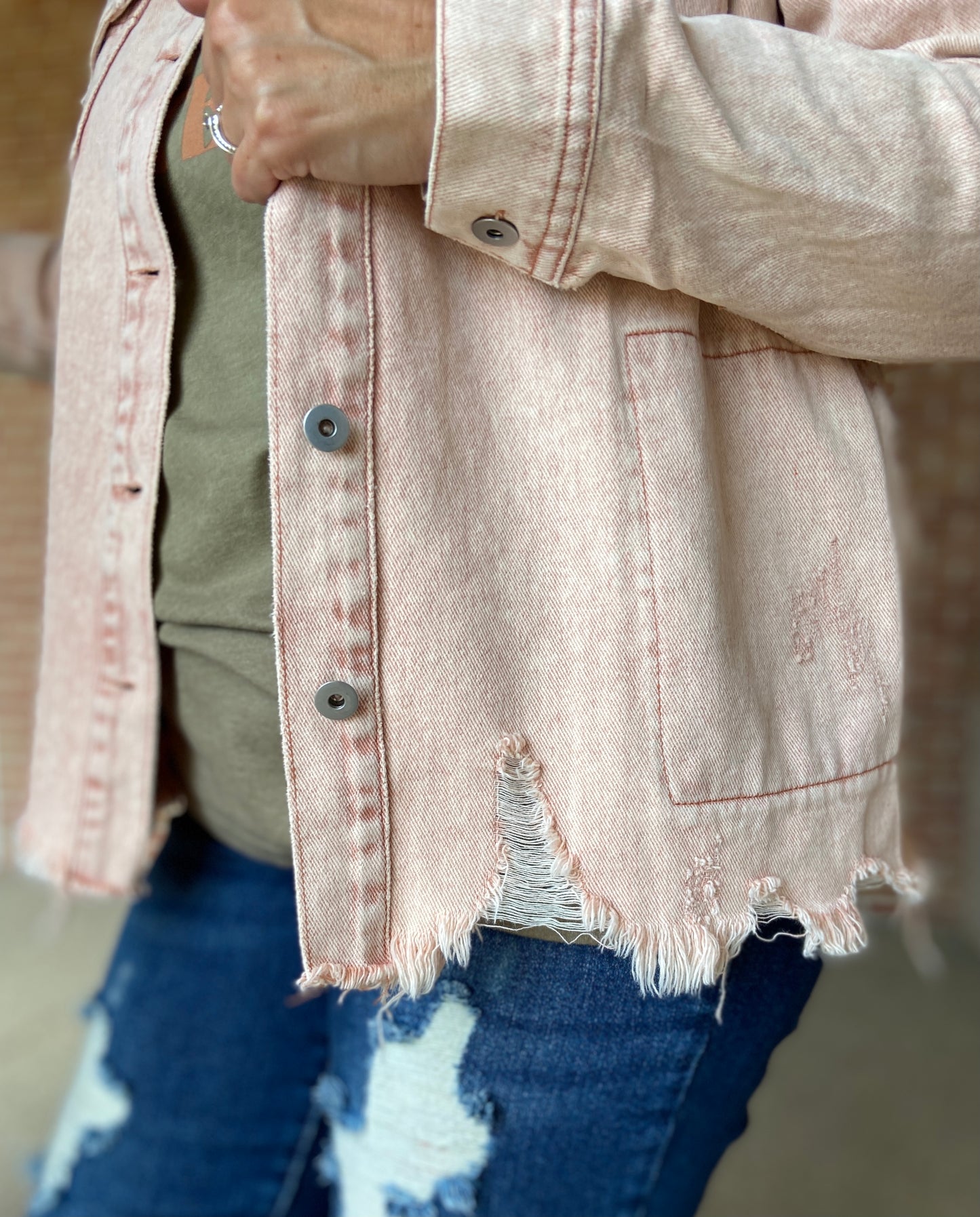 Lightly Distressed Denim Jacket - BLUSH