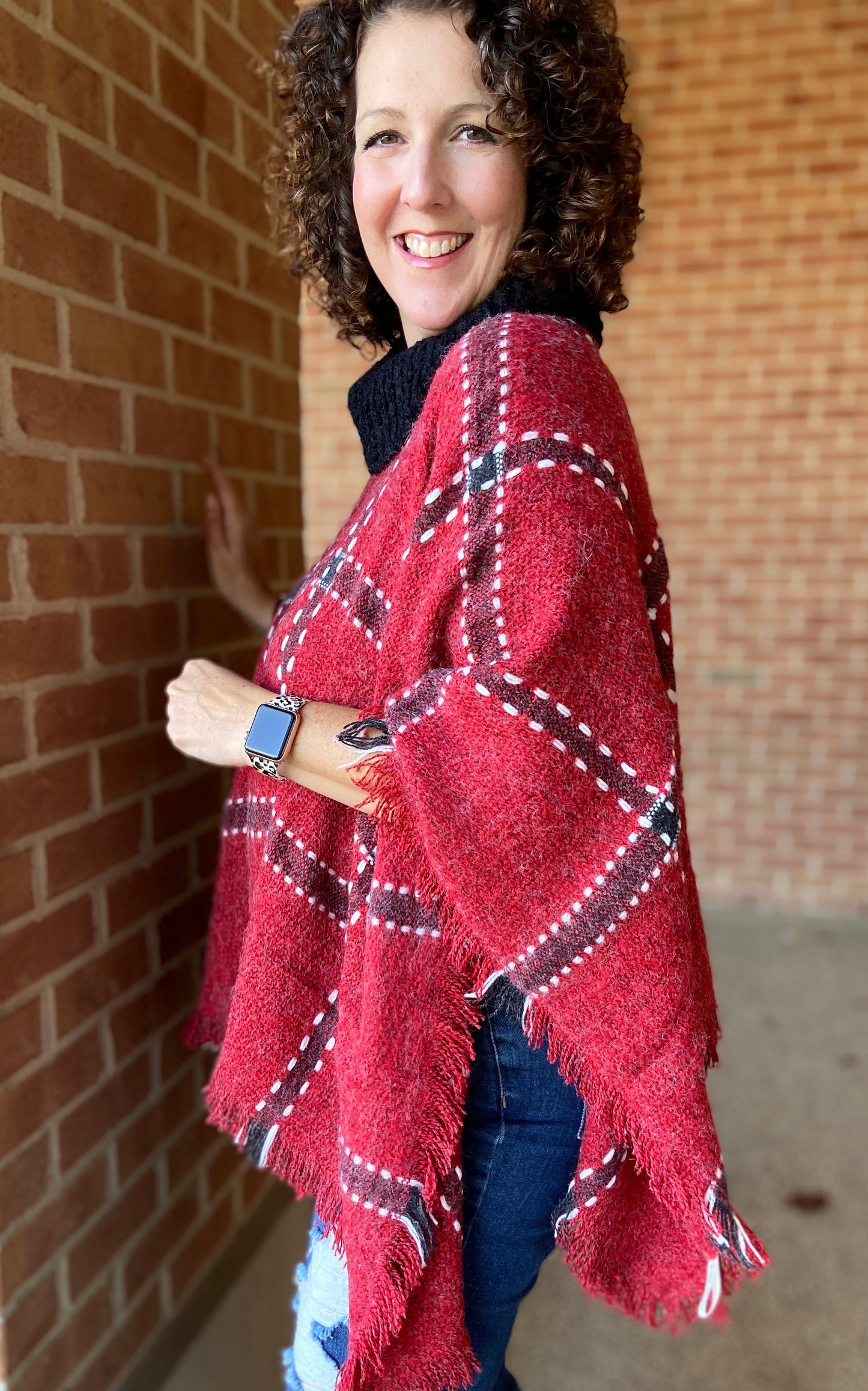 Big Plaid Cowl Neck Poncho - RED