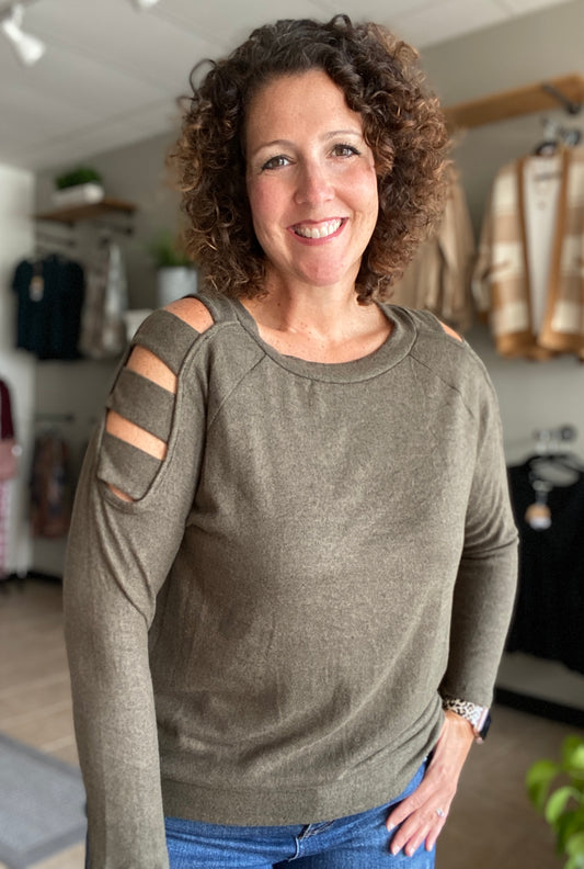 Cozy Brushed Cut Out Shoulder Top - OLIVE