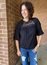 Load image into Gallery viewer, 3/4 Puff Sleeve Top with Lace Inset - BLACK