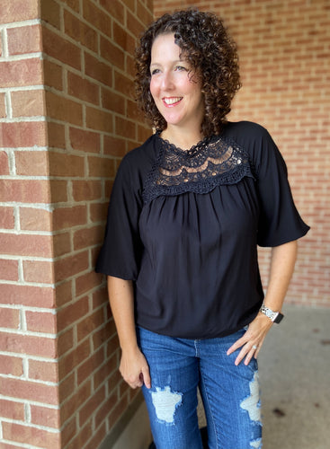 3/4 Puff Sleeve Top with Lace Inset - BLACK