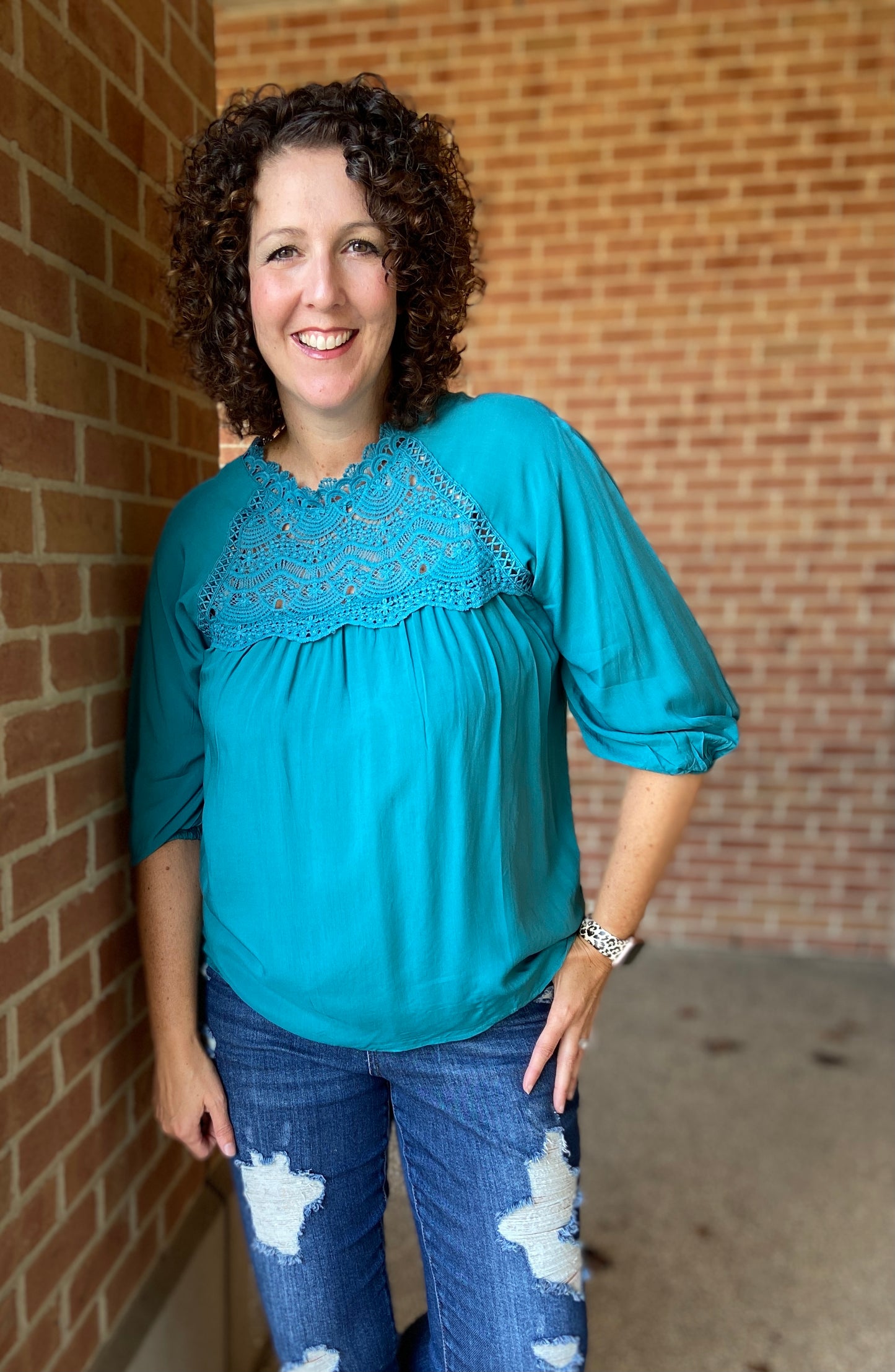 3/4 Puff Sleeve Top with Lace Inset - TEAL