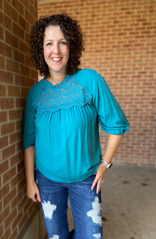 3/4 Puff Sleeve Top with Lace Inset - TEAL