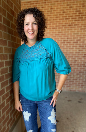 3/4 Puff Sleeve Top with Lace Inset - TEAL
