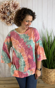 Tie Dye Banded Bottom Top with Bell Sleeve