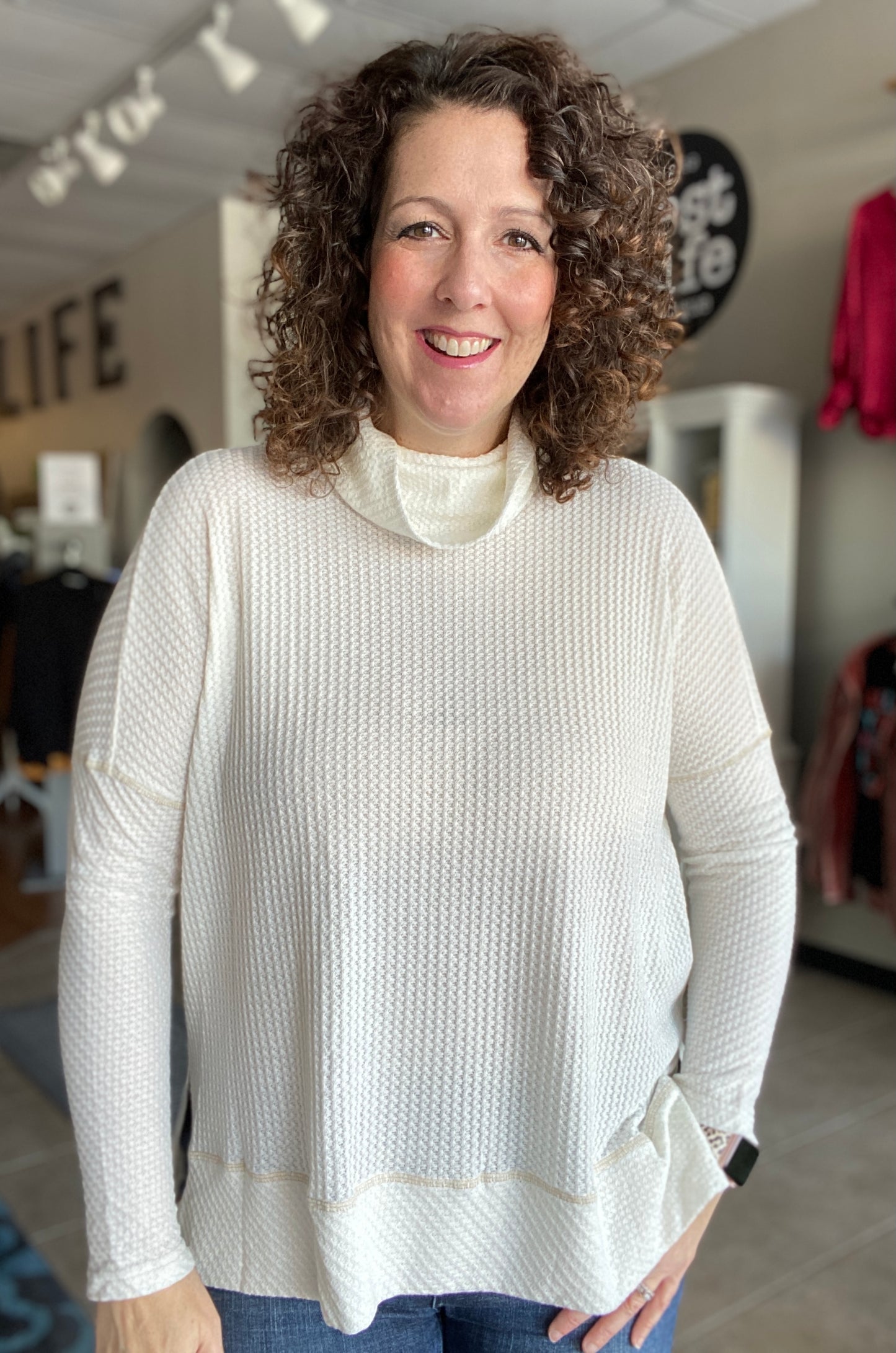 Oversized Waffle Cowl Neck Top - IVORY