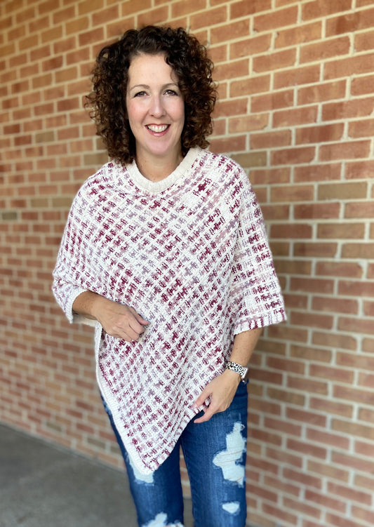 Cross Knit Poncho - WINE