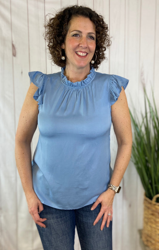 Ruffle Sleeve Mock Neck Top - POWDER BLUE