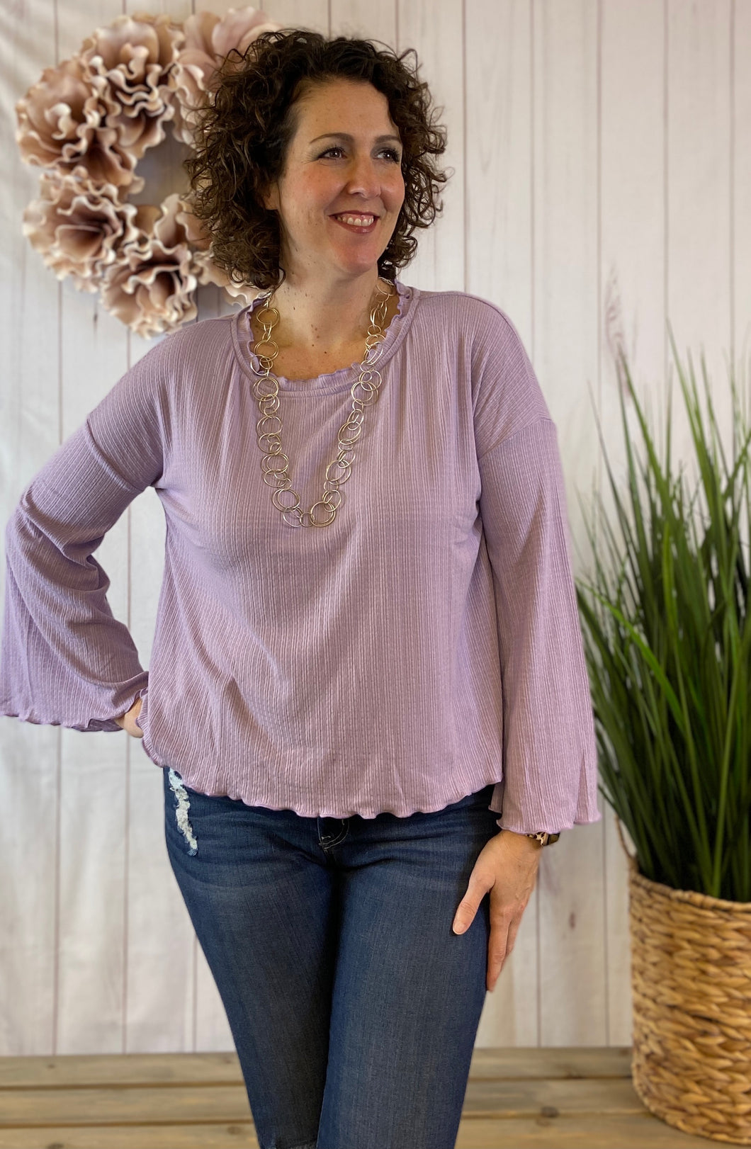 Ribbed Top with Bell Sleeve and Lettuce Edge
