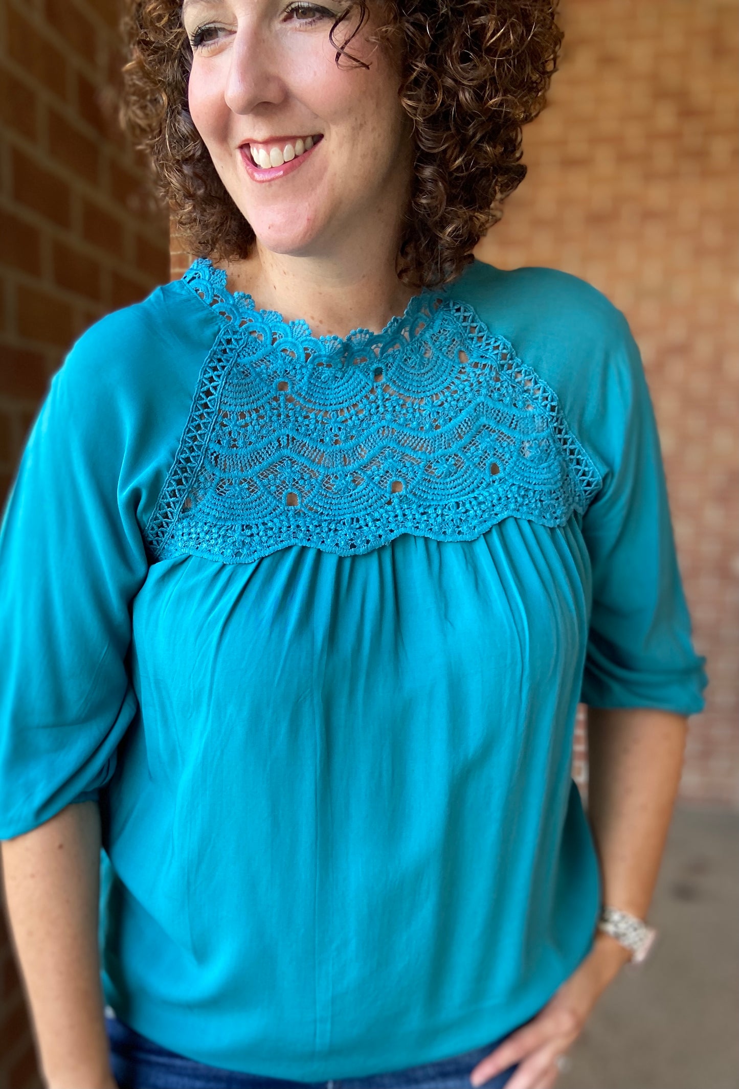 3/4 Puff Sleeve Top with Lace Inset - TEAL