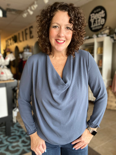 Cowl Neck Blouse with Ruffle Edge Sleeves - SLATE BLUE