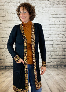 Leopard Trim Solid Cardigan