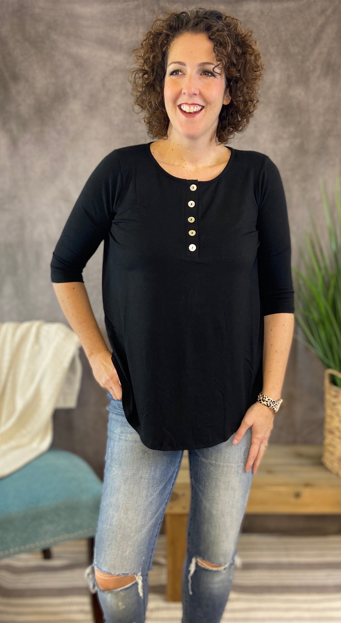 Dolphin Hem Button Front Top - BLACK