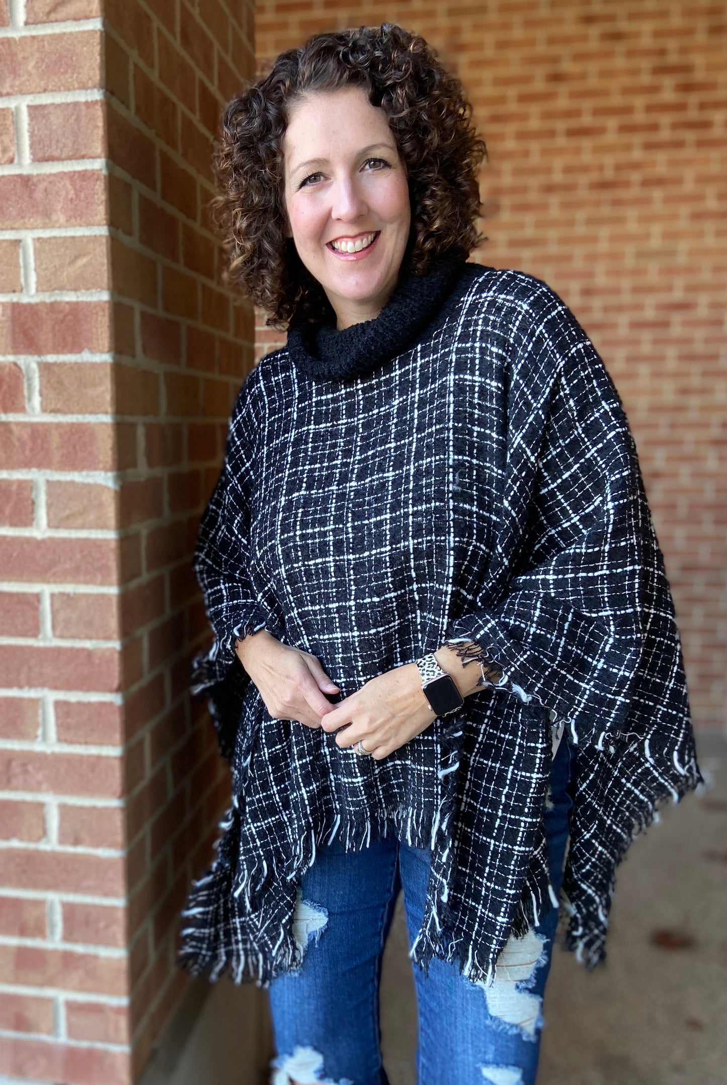 Fine Plaid Cowl Neck Poncho - BLACK