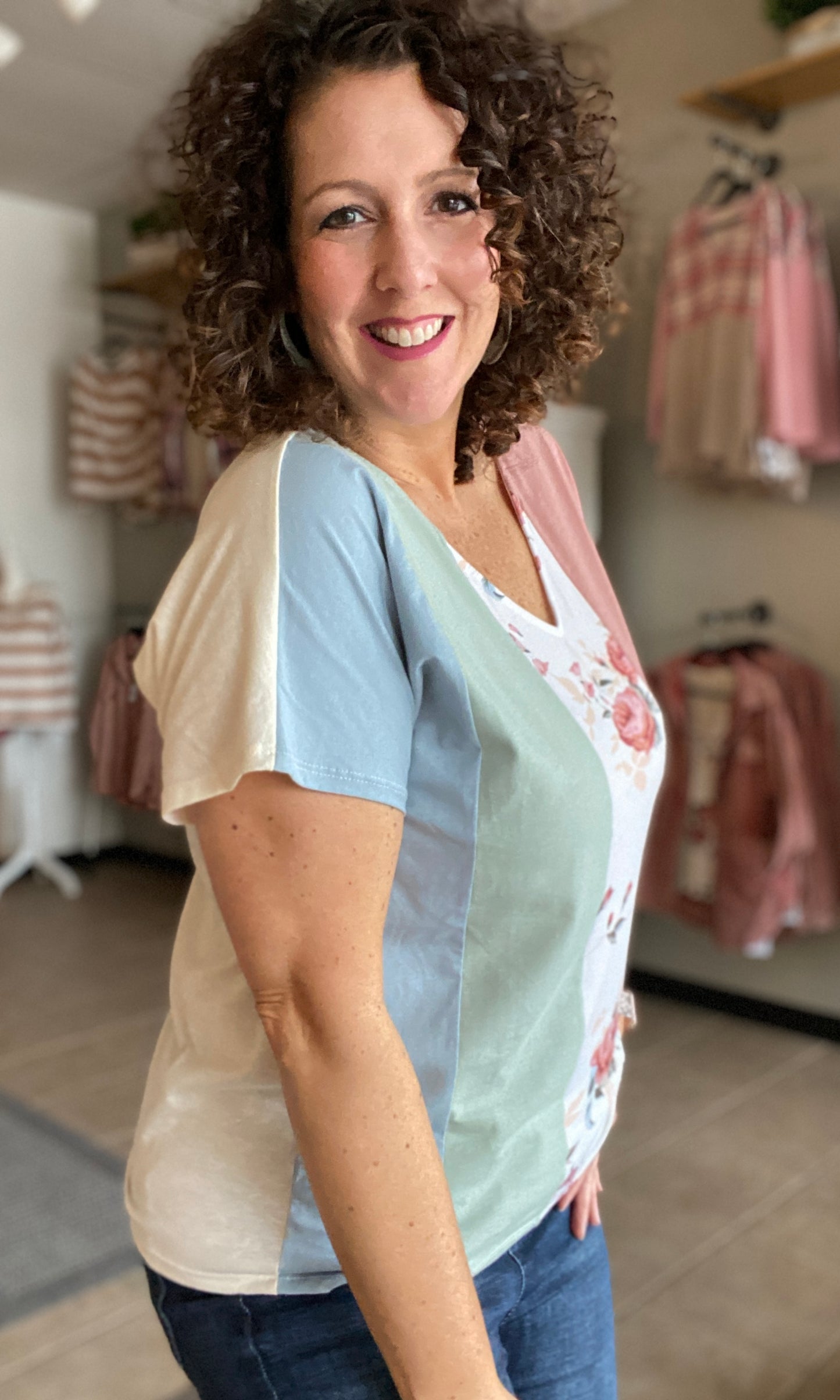 So Springy Floral Color Block Top