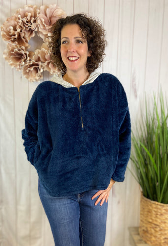 Fuzzy Knit Half-Zip Hooded Pullover - NAVY