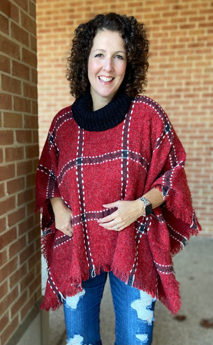 Big Plaid Cowl Neck Poncho - RED