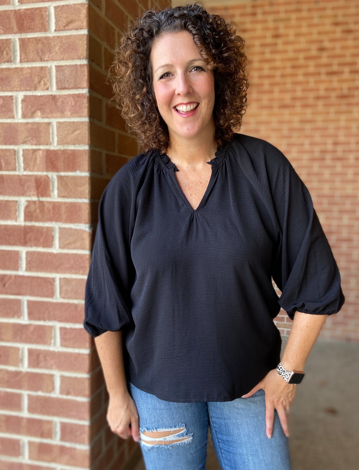 Ruffled Neck Puff Sleeve Blouse