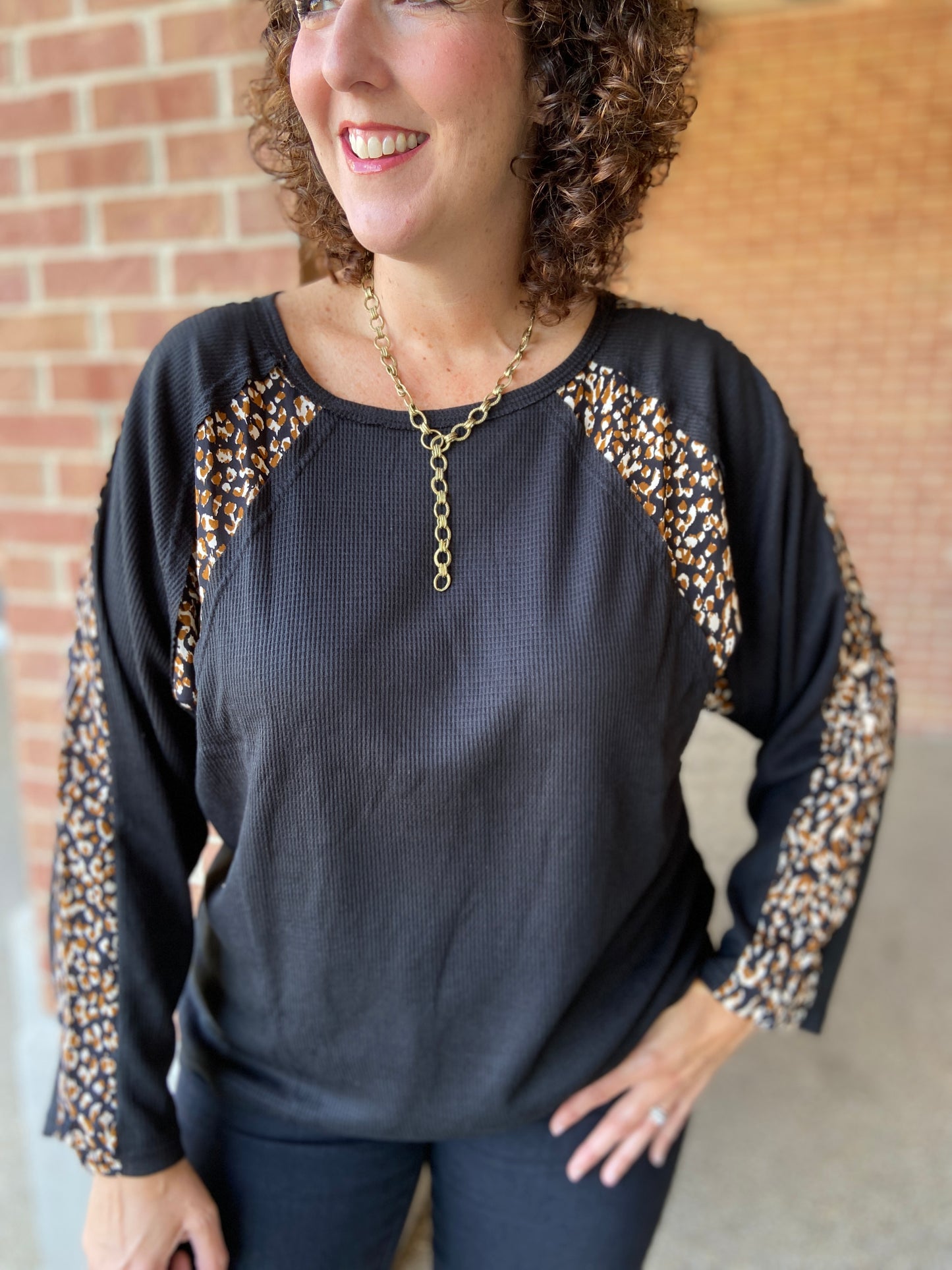 Dolman Waffle Knit Top with Animal Accents - BLACK