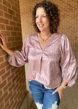 Load image into Gallery viewer, Satin Leopard Blouse with Puff Sleeves - MAUVE