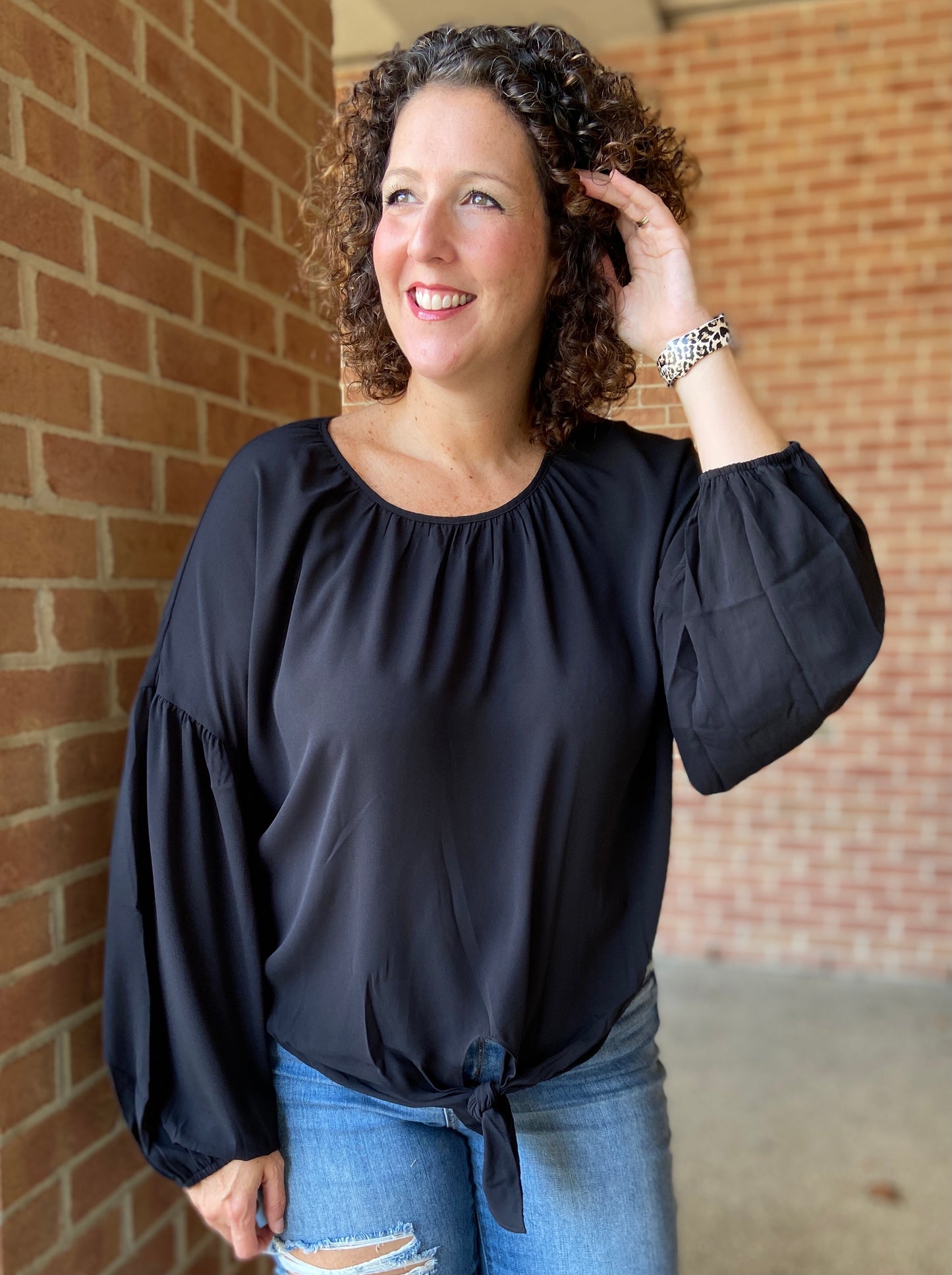 Pleated Neckline Blouse with Puff Sleeves - BLACK