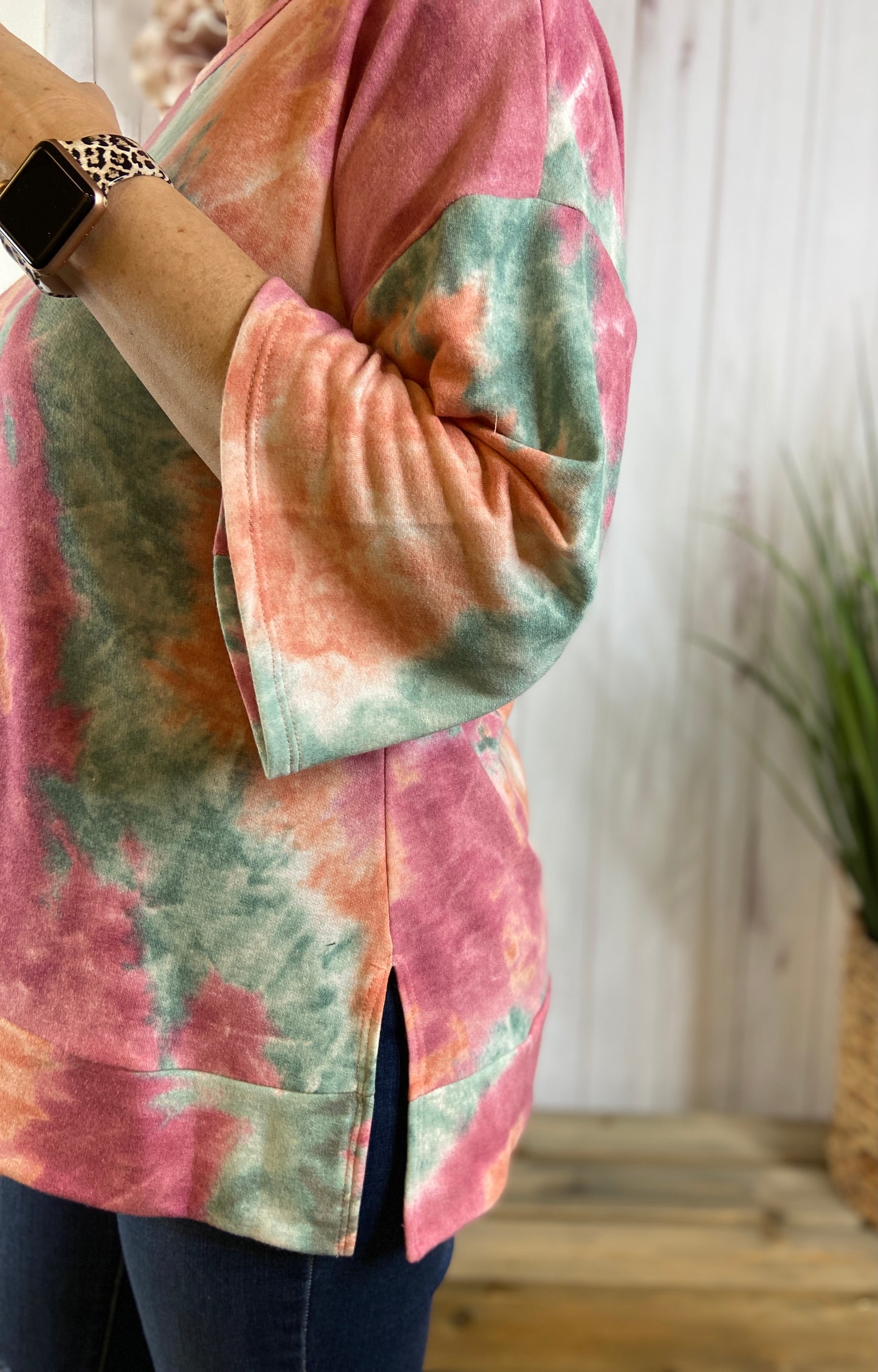 Tie Dye Banded Bottom Top with Bell Sleeve