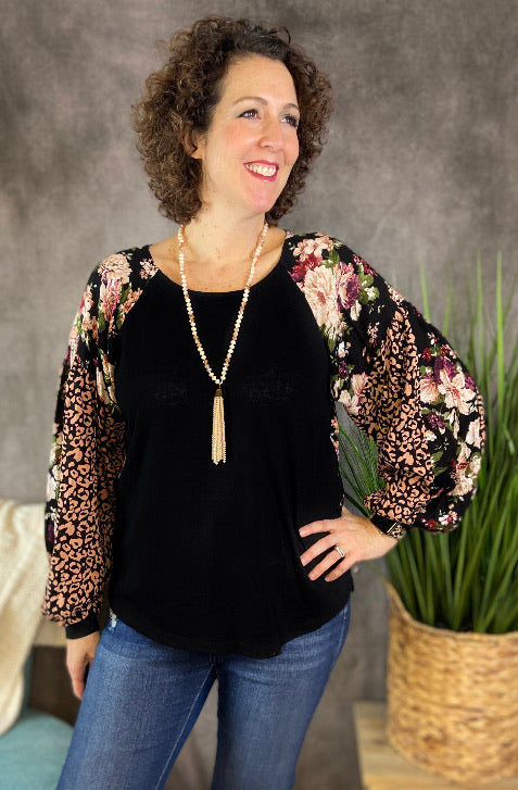 Floral and Animal Puff Sleeve Top - BLACK MIX