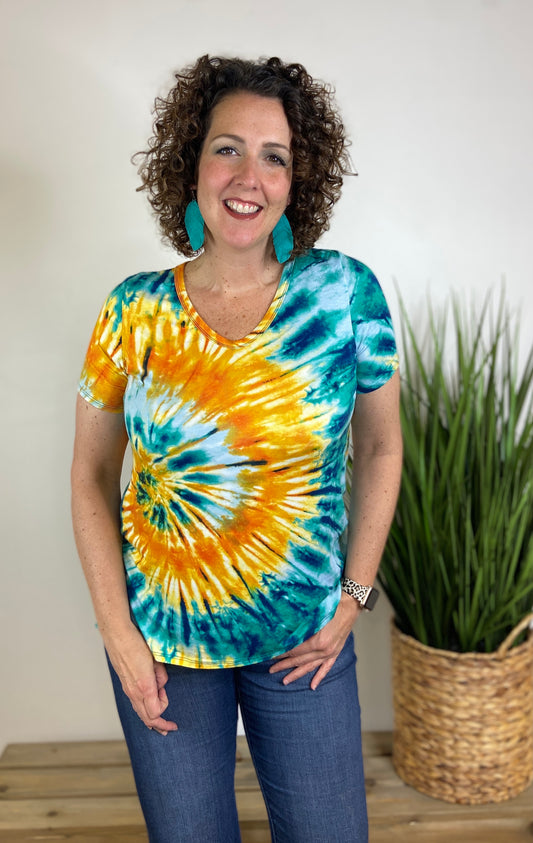 Tie Dye Jersey Top - TEAL/MUSTARD