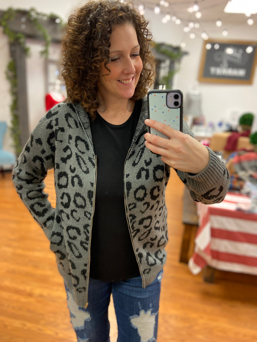 Distressed Zip Front Leopard Sweater