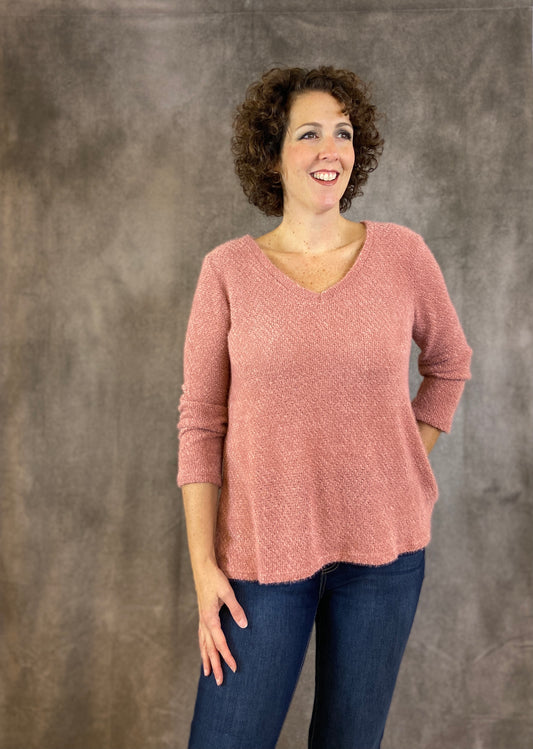 Fuzzy V Neck Solid Sweater