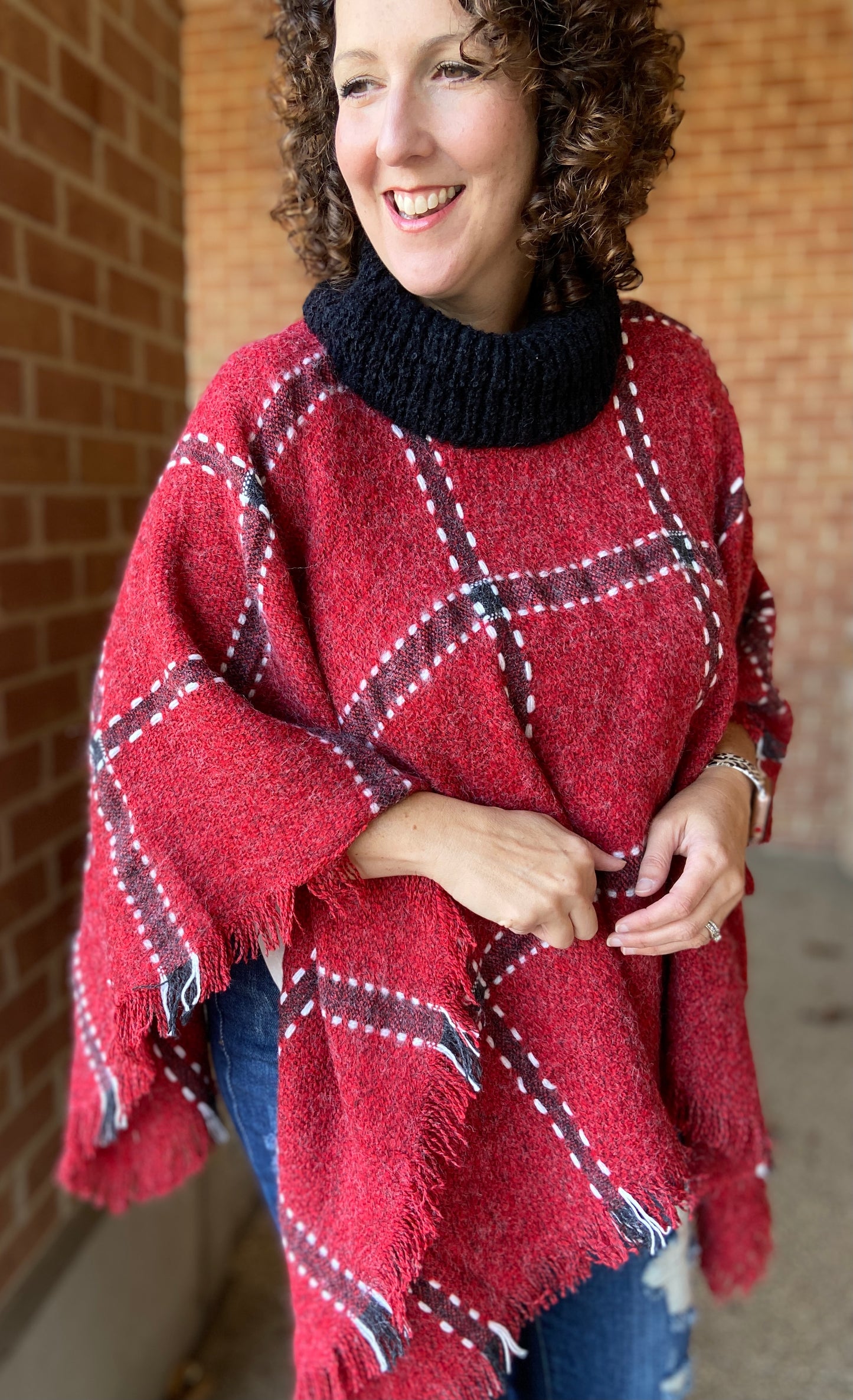 Big Plaid Cowl Neck Poncho - RED