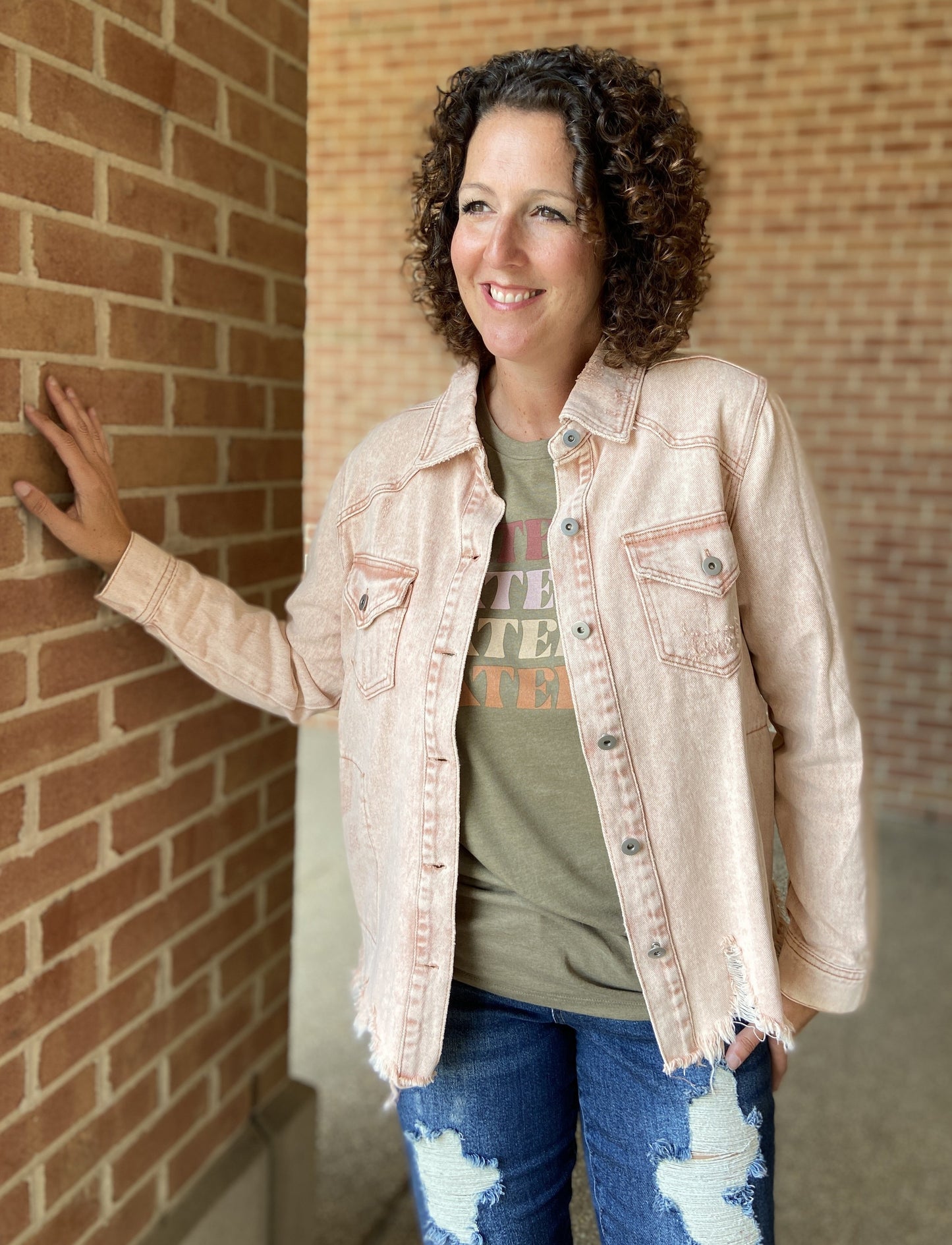 Lightly Distressed Denim Jacket - BLUSH