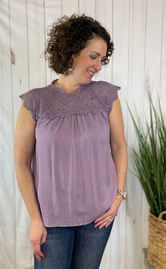 Crocheted Lace Yoke Sleeveless Top