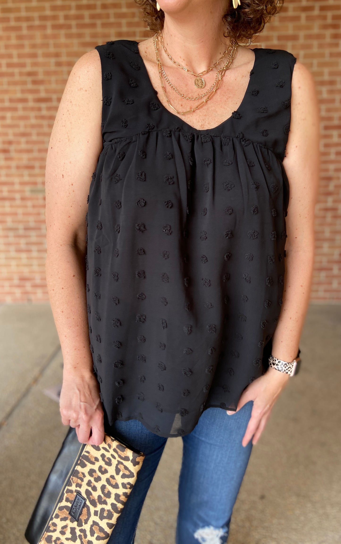 Flowy Dot V Neck Top - BLACK