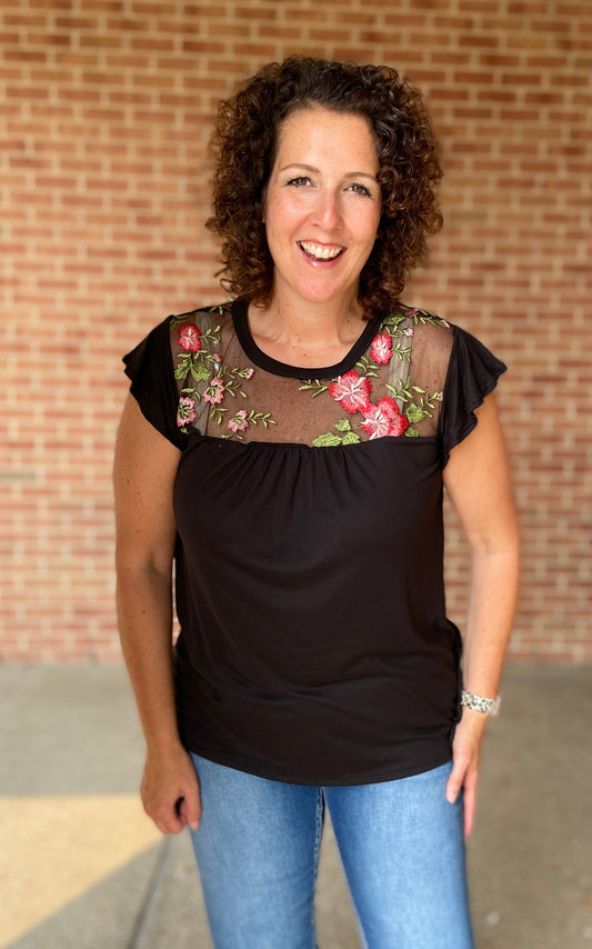 Floral Mesh Yoke Top