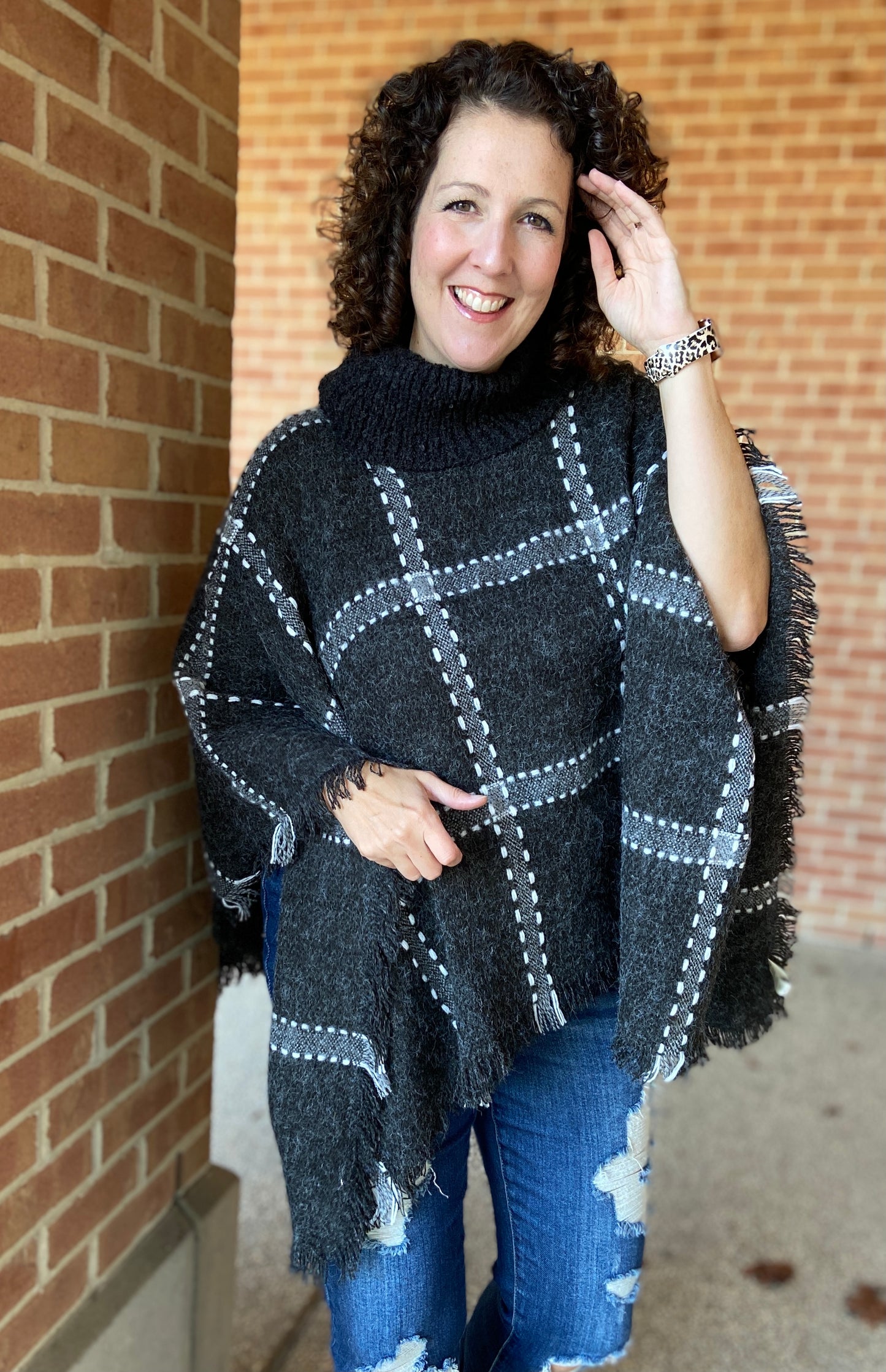 Big Plaid Cowl Neck Poncho - CHARCOAL