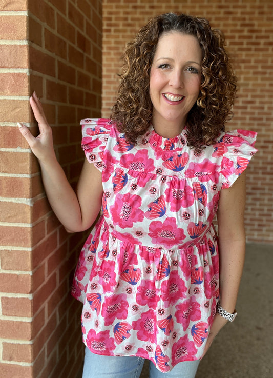 Tiered Pink Floral Top with Ruffled Sleeves