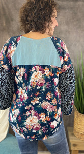 Floral and Animal Puff Sleeve Top - DUSTY MINT MIX