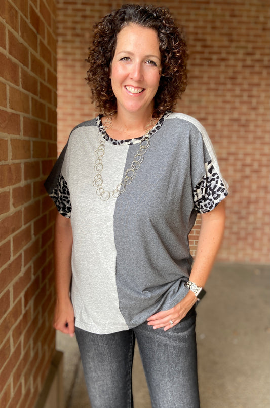 Color Block Dolman Top with Leopard Accents