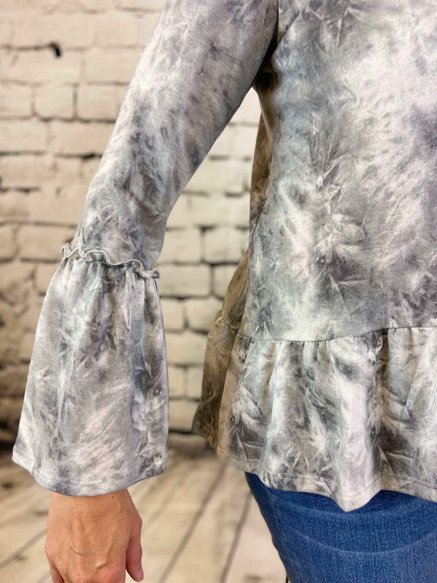 Tie Dye V Neck Top with Ruffle Bottom