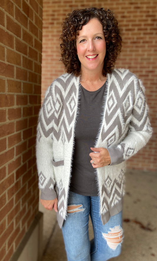 Fuzzy Aztec Print Cardigan