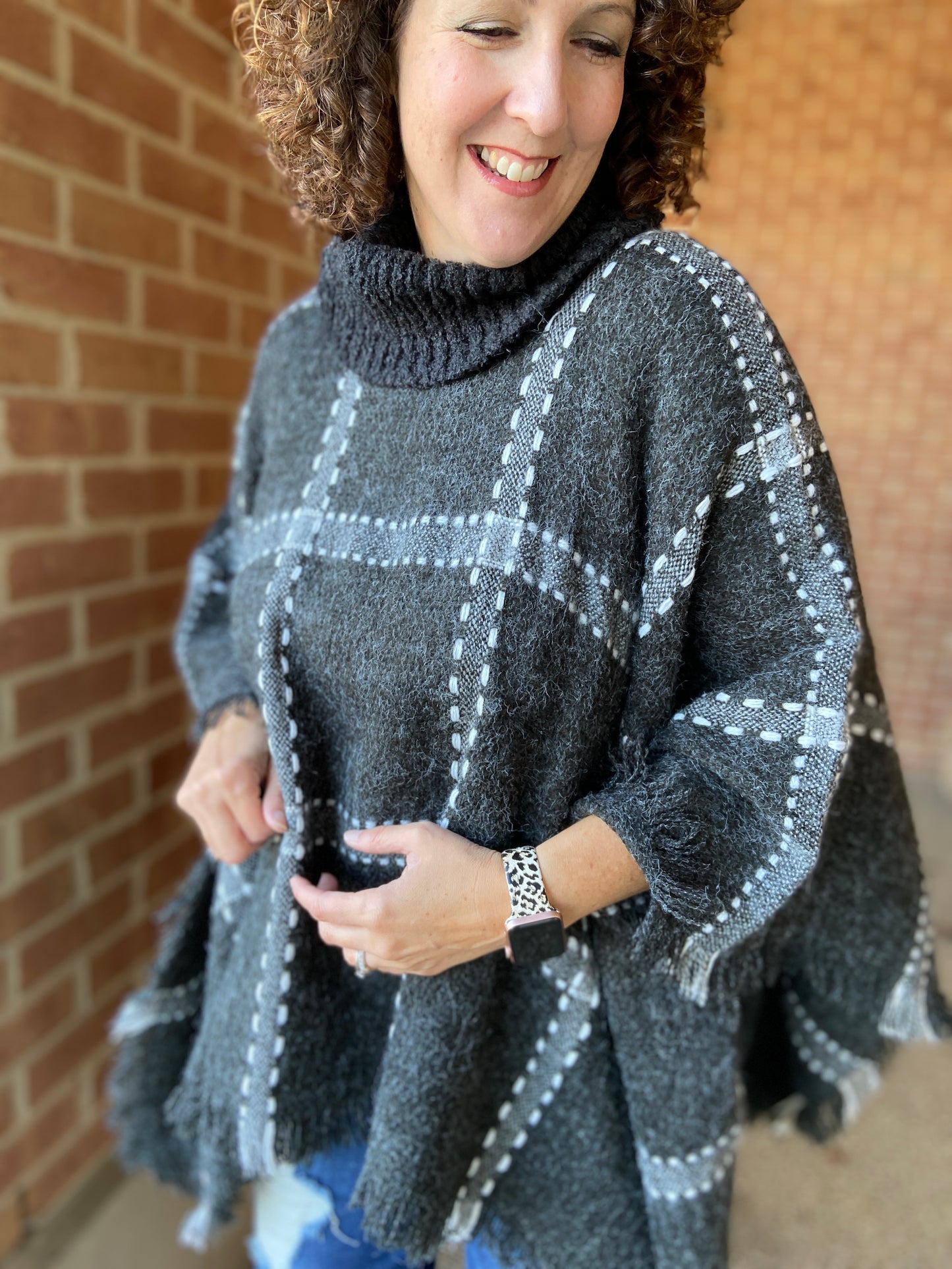 Big Plaid Cowl Neck Poncho - CHARCOAL