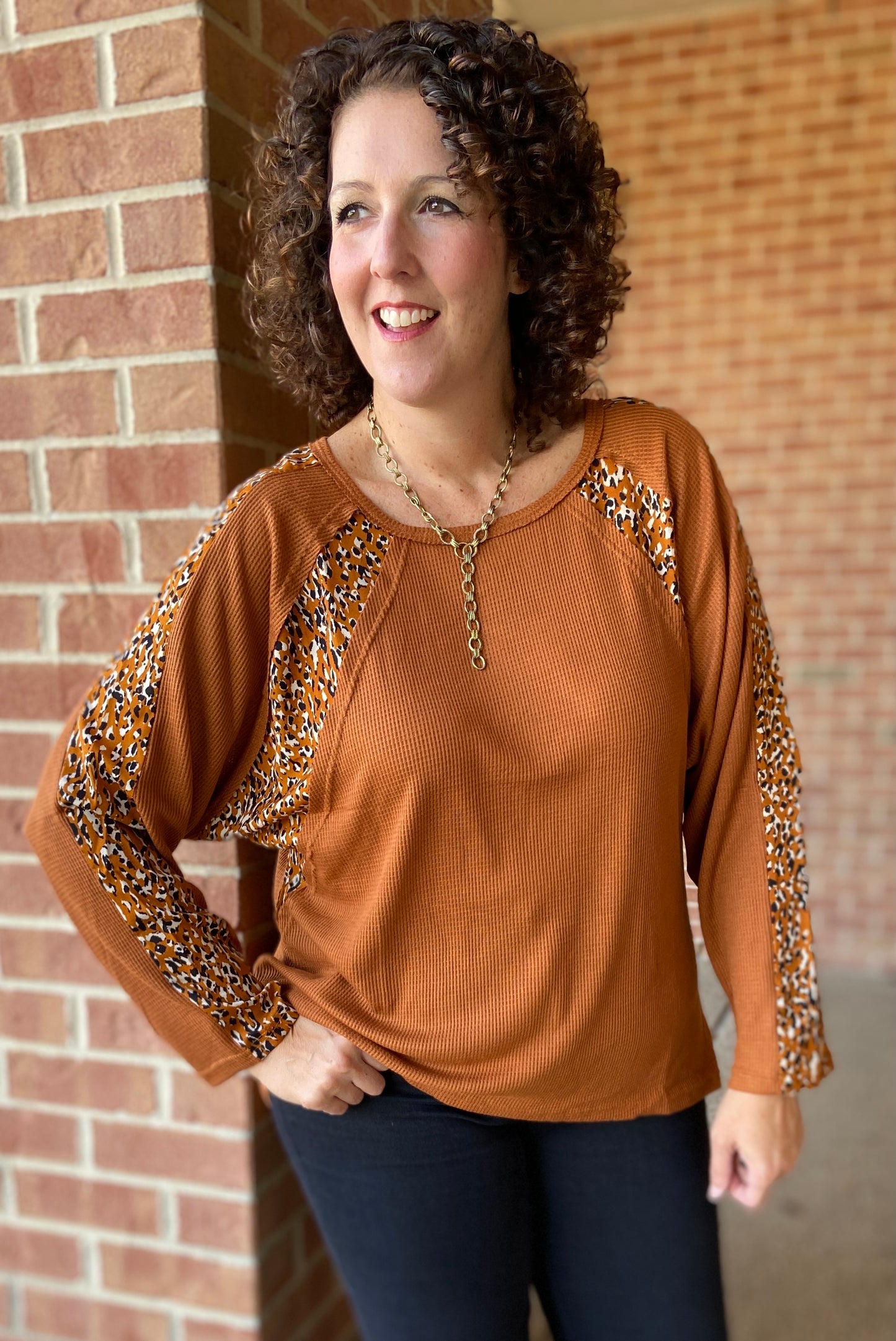 Dolman Waffle Knit Top with Animal Accents - RUST