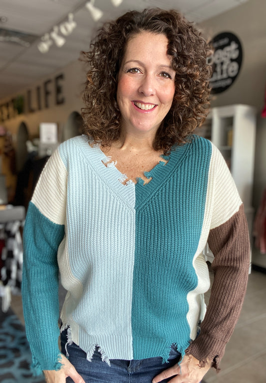 Distressed Color Block Sweater