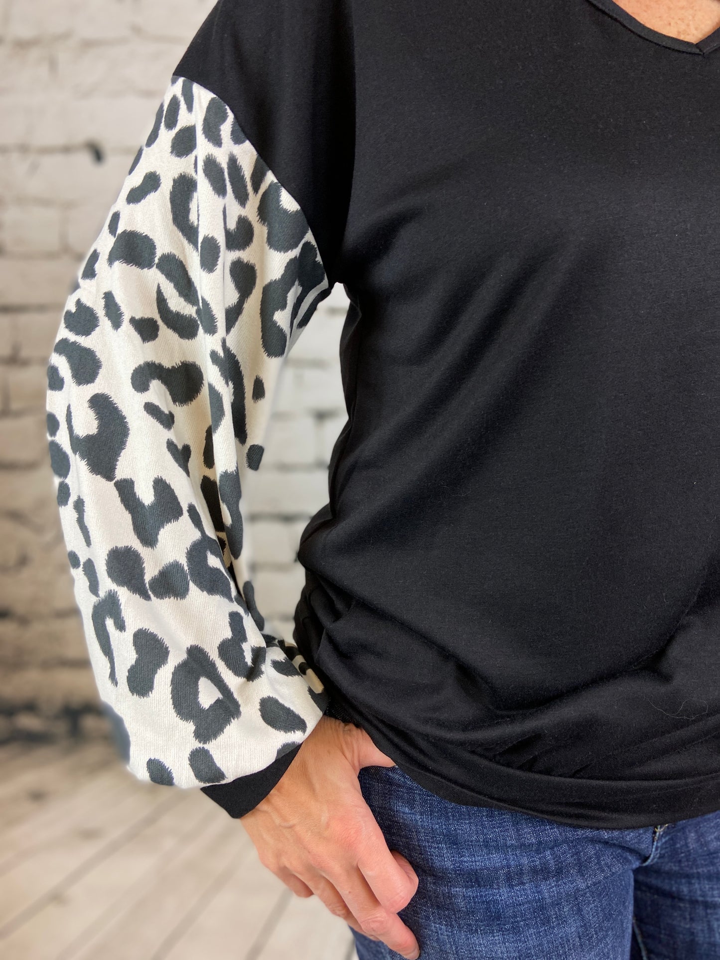 Criss Cross Terry Top with Leopard Sleeves