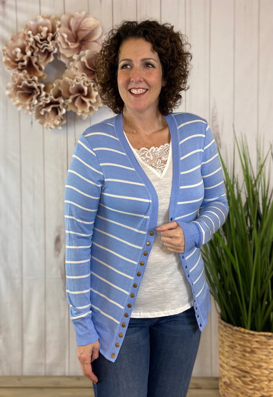 Spring Striped Snap Button Cardigan - SPRING BLUE